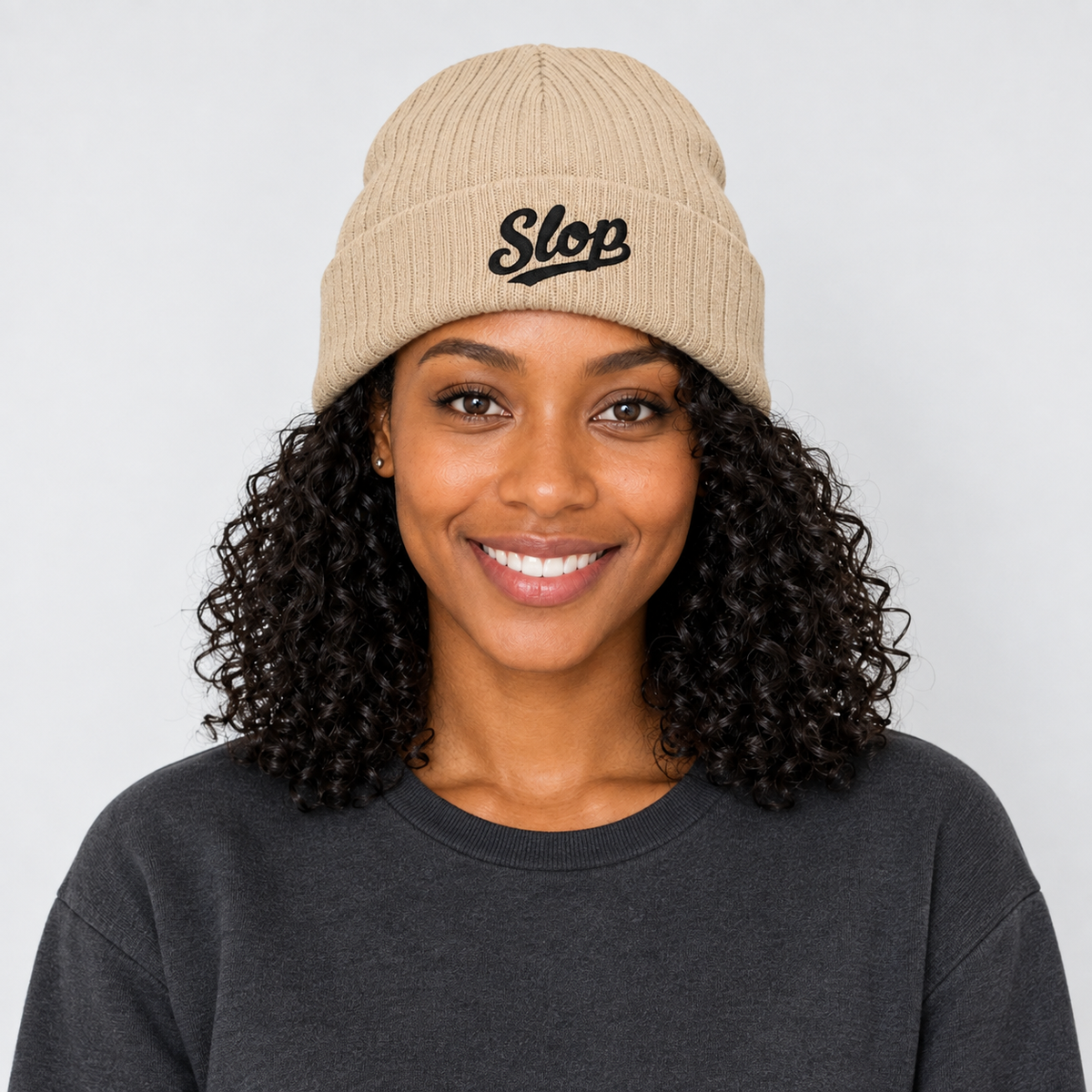 Slop Script Beanie — Beige / Black — BF1 Nia Grant roster identity; generated model mockup based on the supplier product reference, not a manufactured sample.