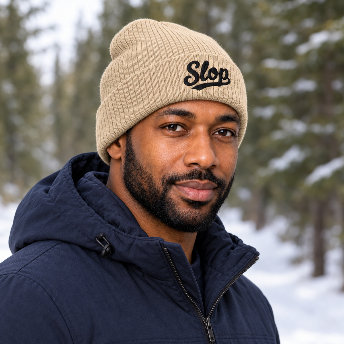 Slop Script Beanie — Beige / Black — BM1 Andre Cole roster identity; generated model mockup based on the supplier product reference, not a manufactured sample.