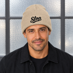 Slop Script Beanie — Beige / Black — HM1 Diego Reyes roster identity; generated model mockup based on the supplier product reference, not a manufactured sample.