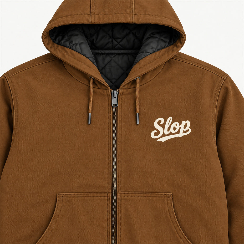 Slop Script Duck Work Jacket in Duck Brown, chest detail with the ivory Slop script