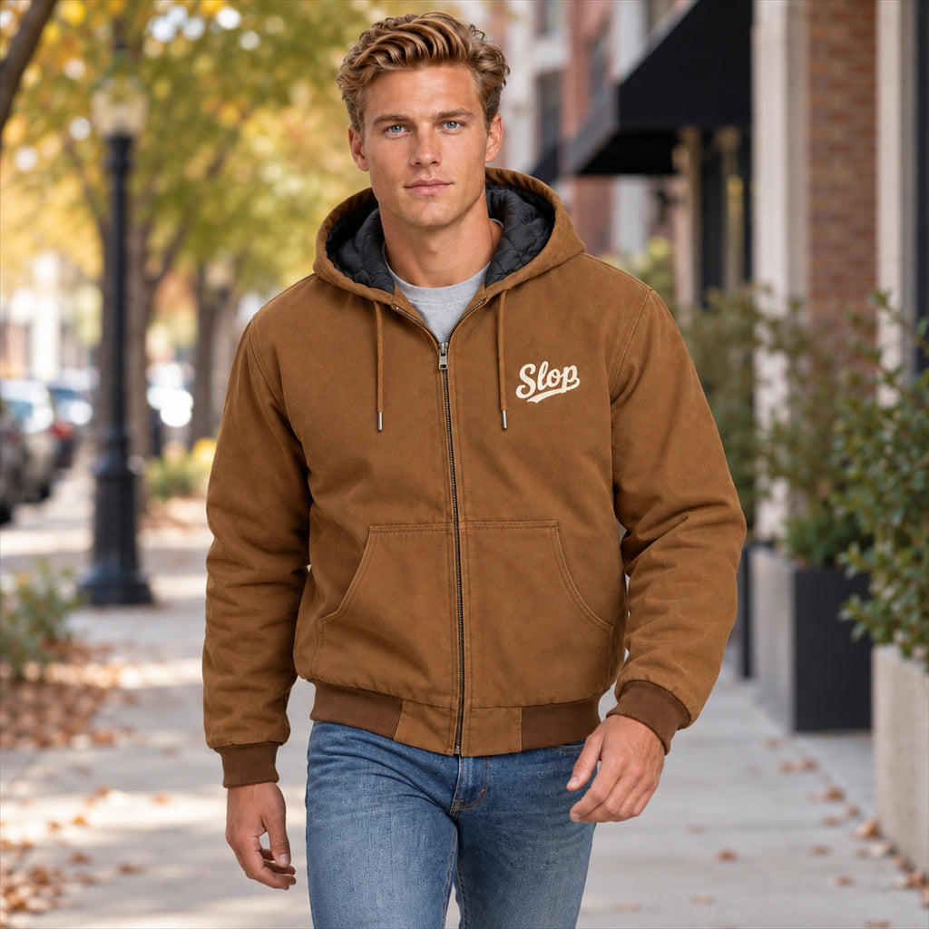 Man wearing the Slop Script Duck Work Jacket in Duck Brown, walking