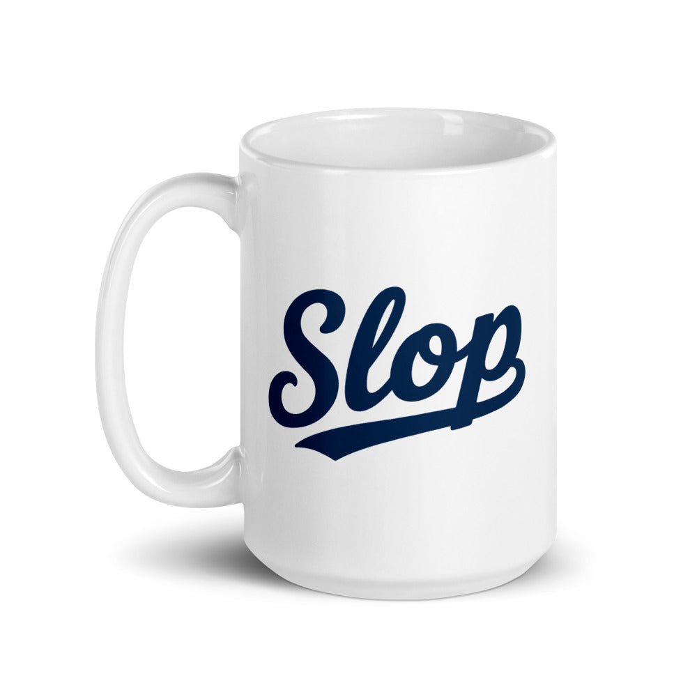 Slop Script Mug — White / Navy / 15 oz — 15 oz; handle on left; opposite printed side. White glossy ceramic, white interior and handle. Supplier digital mockup; one selected mug only.