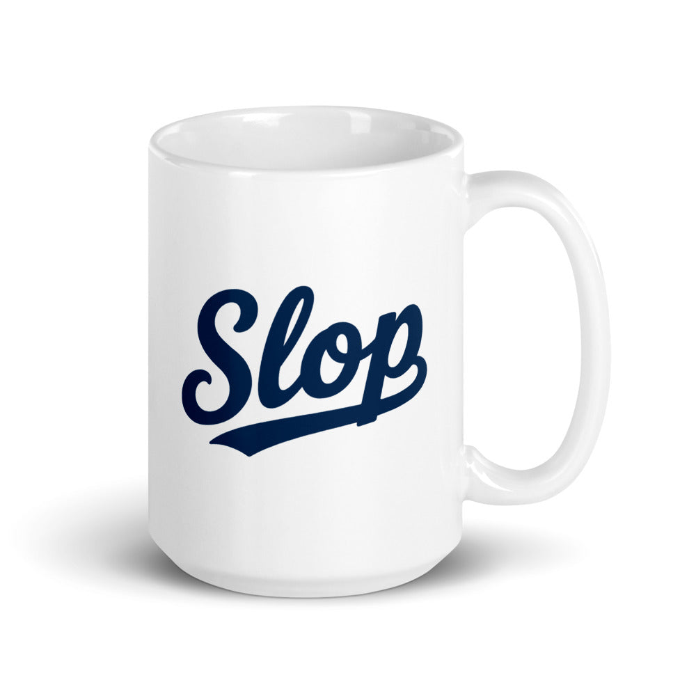 Slop Script Mug — White / Navy / 15 oz — 15 oz; handle on right; first printed side. White glossy ceramic, white interior and handle. Supplier digital mockup; one selected mug only.