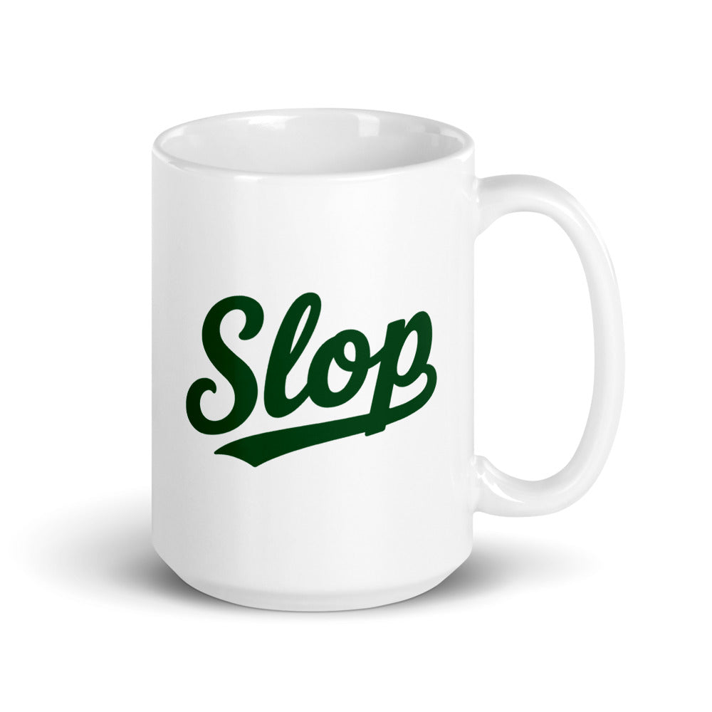 Slop Script Mug — White / Forest Green / 15 oz — 15 oz; handle on right; first printed side. White glossy ceramic, white interior and handle. Supplier digital mockup; one selected mug only.