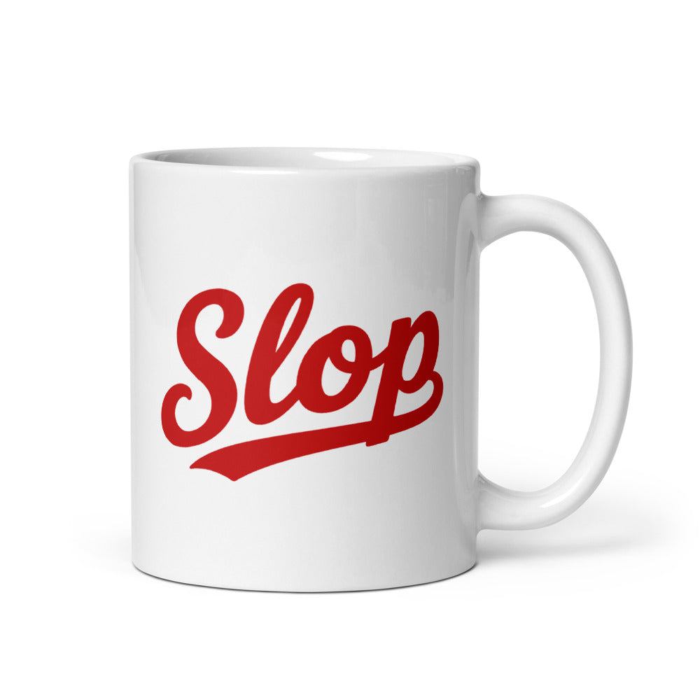 Slop Script Mug — White / Red / 11 oz — 11 oz; handle on right; first printed side. White glossy ceramic, white interior and handle. Supplier digital mockup; one selected mug only.