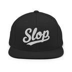 Slop Script Flat-Brim Snapback — Black / White — front; exact Yupoong 6089M supplier digital embroidery mockup with approved simplified lettering. One hat only. Final stitching may vary slightly after digitization.
