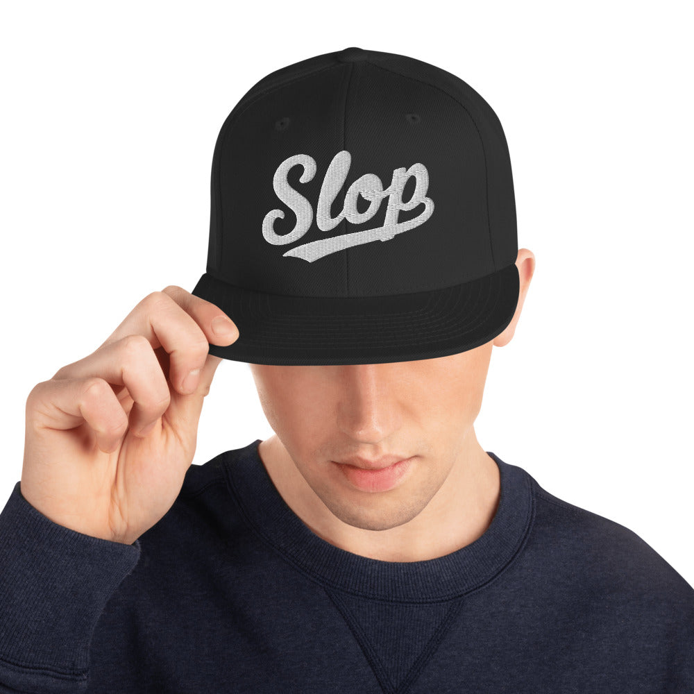 Slop Script Flat-Brim Snapback — Black / White — adult model front view; exact Yupoong 6089M supplier digital mockup. One cap only; other clothing is styling and is not included.