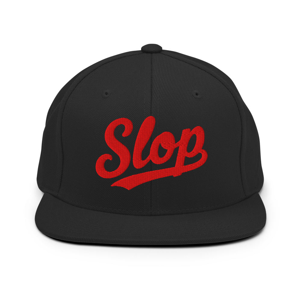 Slop Script Flat-Brim Snapback — Black / Red — front; exact Yupoong 6089M supplier digital embroidery mockup with approved simplified lettering. One hat only. Final stitching may vary slightly after digitization.
