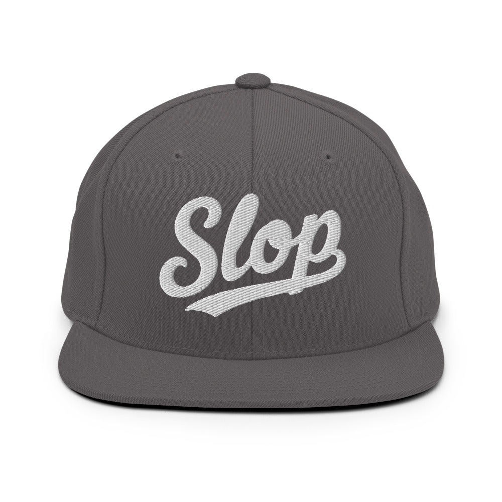 Slop Script Flat-Brim Snapback — Dark Grey / White — front; exact Yupoong 6089M supplier digital embroidery mockup with approved simplified lettering. One hat only. Final stitching may vary slightly after digitization.