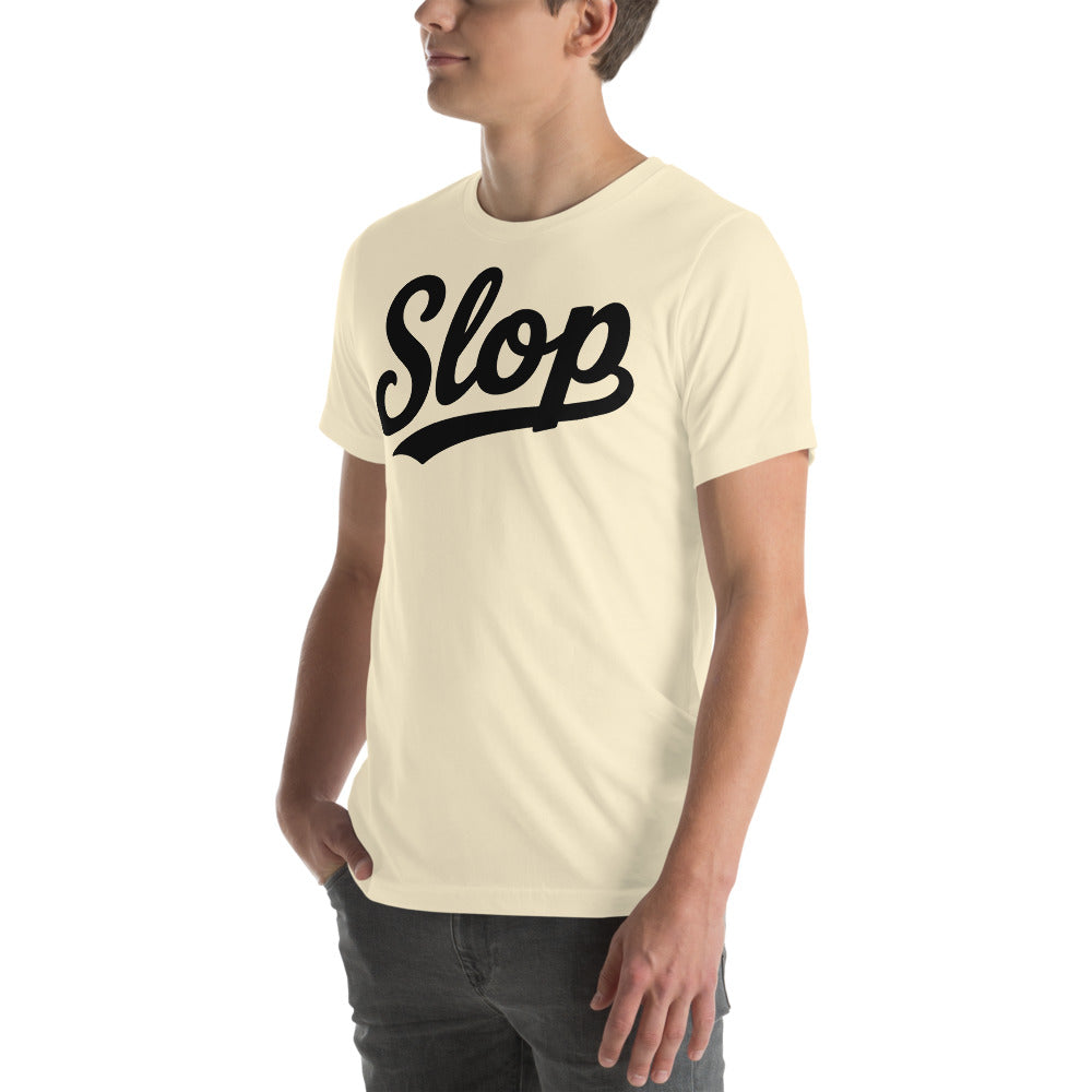 Slop Script Tee — Natural / Black — Model three-quarter front. Exact Bella + Canvas 3001 supplier digital mockup. One tee only; styling bottoms not included.