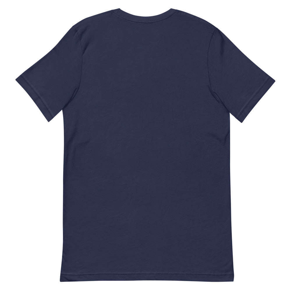 Slop Script Tee — Navy / Gold — Clean blank back. Exact Bella + Canvas 3001 supplier digital mockup. One tee only; styling bottoms not included.