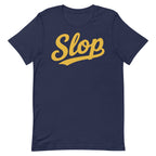 Slop Script Tee — Navy / Gold — Clean front. Exact Bella + Canvas 3001 supplier digital mockup. One tee only; styling bottoms not included.