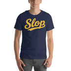 Slop Script Tee — Navy / Gold — Model front. Exact Bella + Canvas 3001 supplier digital mockup. One tee only; styling bottoms not included.