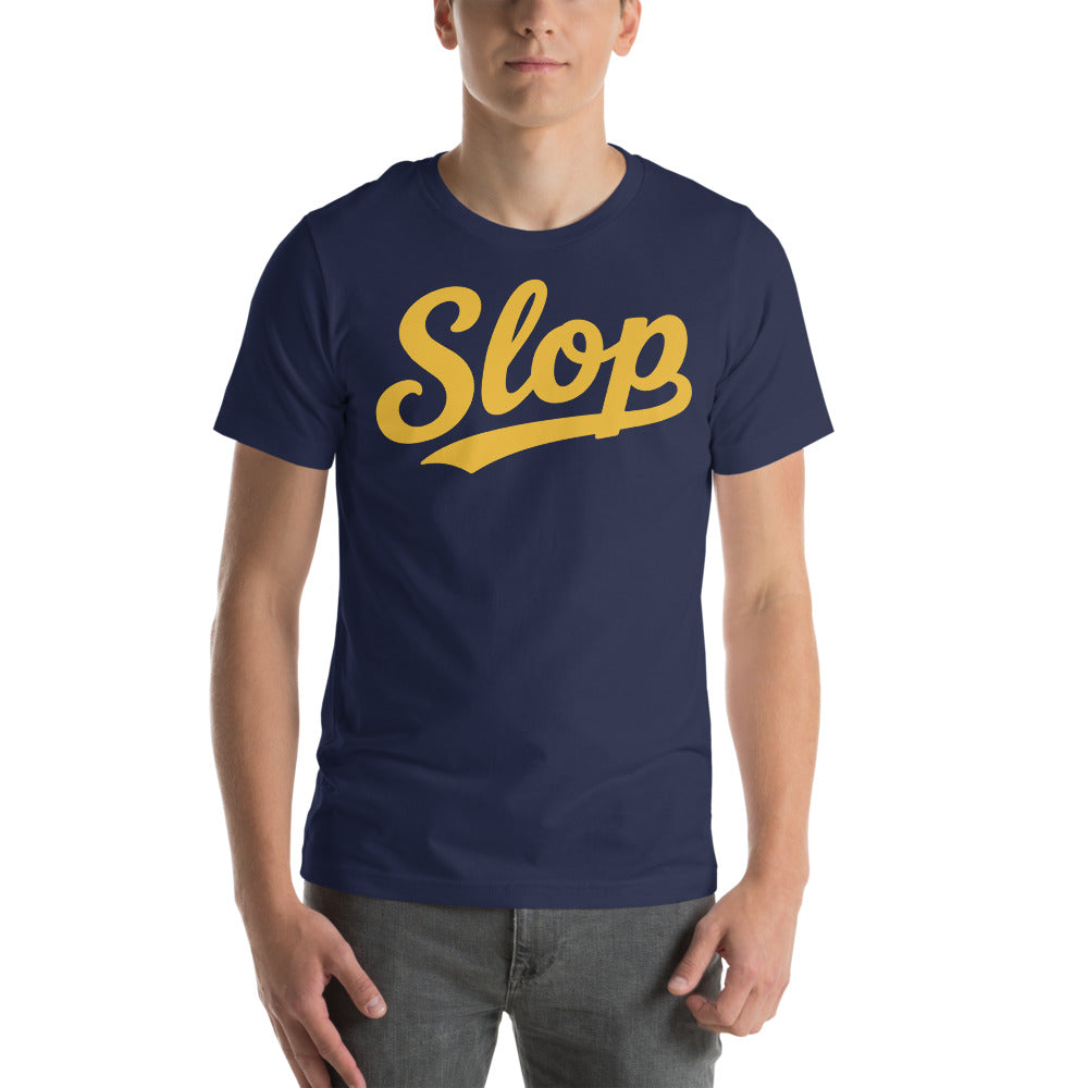 Slop Script Tee — Navy / Gold — Model front. Exact Bella + Canvas 3001 supplier digital mockup. One tee only; styling bottoms not included.