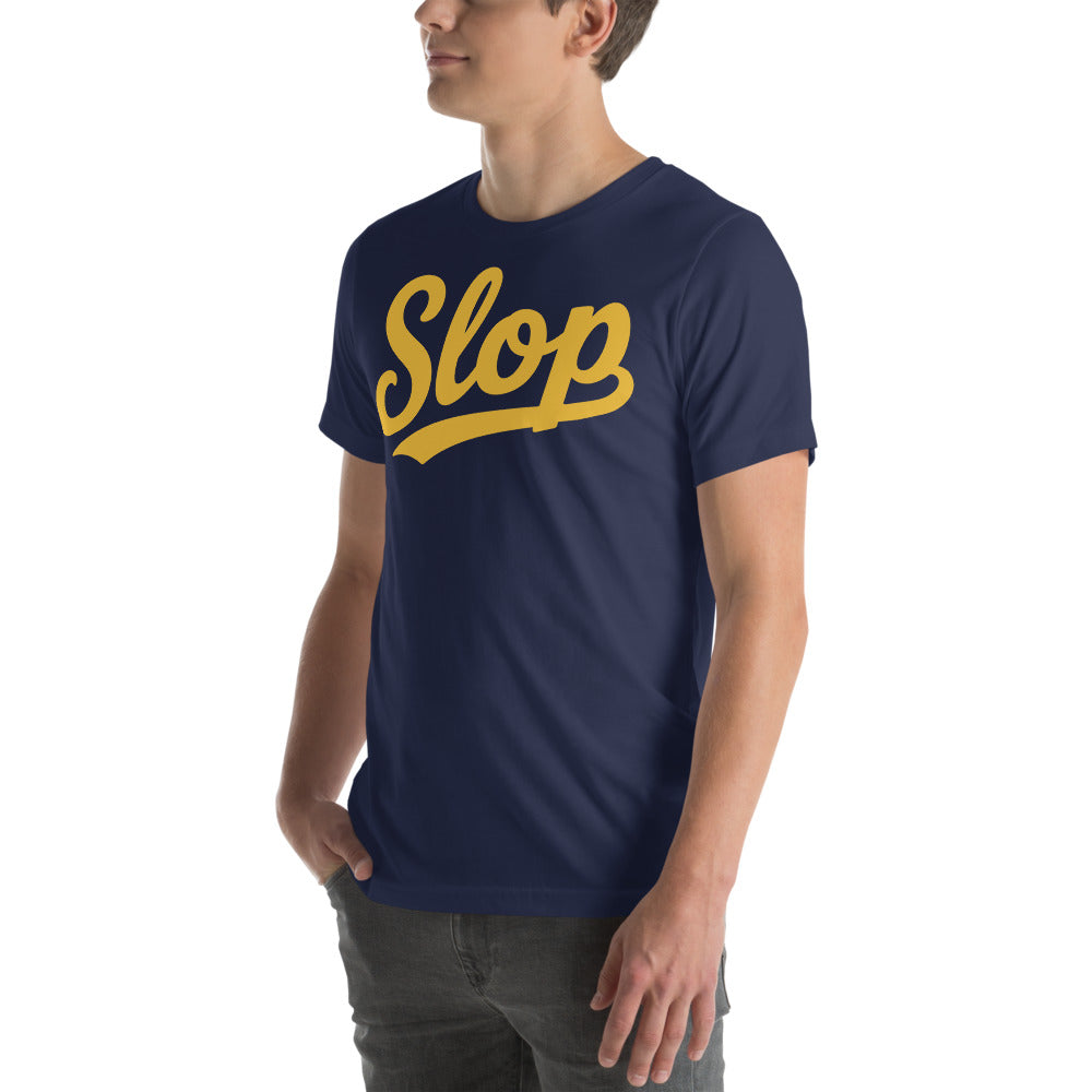 Slop Script Tee — Navy / Gold — Model three-quarter front. Exact Bella + Canvas 3001 supplier digital mockup. One tee only; styling bottoms not included.