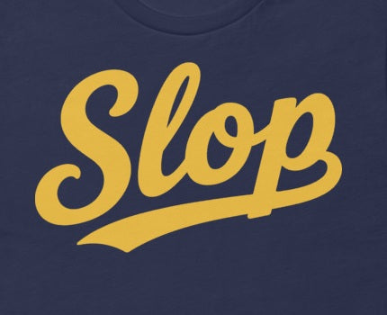 Slop Script Tee — Navy / Gold — Front print detail cropped from the exact supplier digital mockup. Illustrates placement; actual print colors may vary slightly.