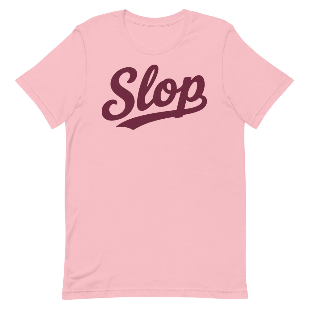 Slop Script Tee — Pink / Burgundy — Clean front. Exact Bella + Canvas 3001 supplier digital mockup. One tee only; styling bottoms not included.