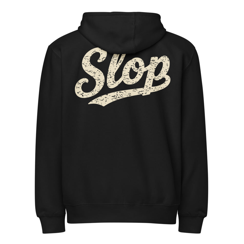 SLOP Work Zip Hoodie in Black, garment-only back view with distressed cream SLOP print