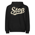 SLOP Work Zip Hoodie in Black, garment-only back view with distressed cream SLOP print