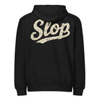 SLOP Work Zip Hoodie in Black, garment-only back view with distressed cream SLOP print