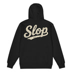 SLOP Work Zip Hoodie in Black, flat garment back view showing print scale and construction