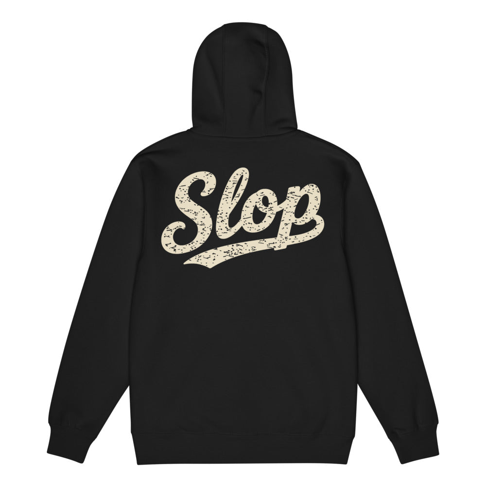 SLOP Work Zip Hoodie in Black, flat garment back view showing print scale and construction