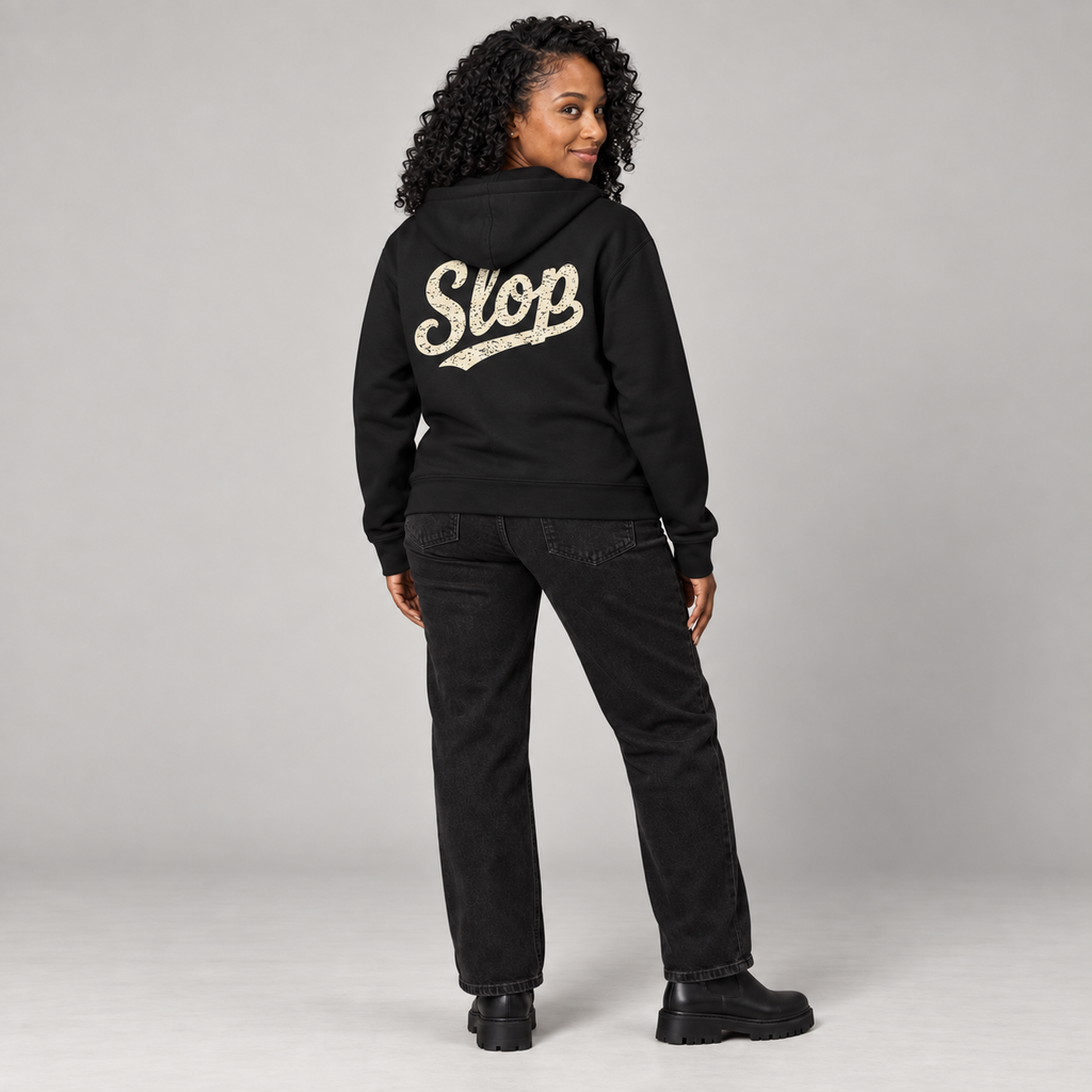Nia wearing the Black SLOP Work Zip Hoodie in a straight rear view