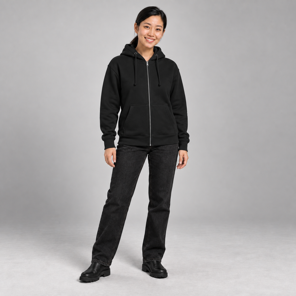Elena wearing the Black SLOP Work Zip Hoodie fully zipped, front view