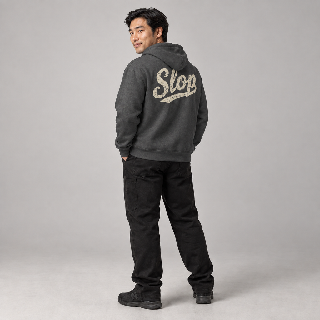 Daniel wearing the Charcoal Heather SLOP Work Zip Hoodie in a rear three-quarter view