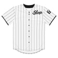 Front view of the revised white pinstripe Slop 69 baseball jersey.