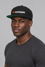 SLOPCANNON Wordmark Flat-Brim Snapback, worn by a model, back view