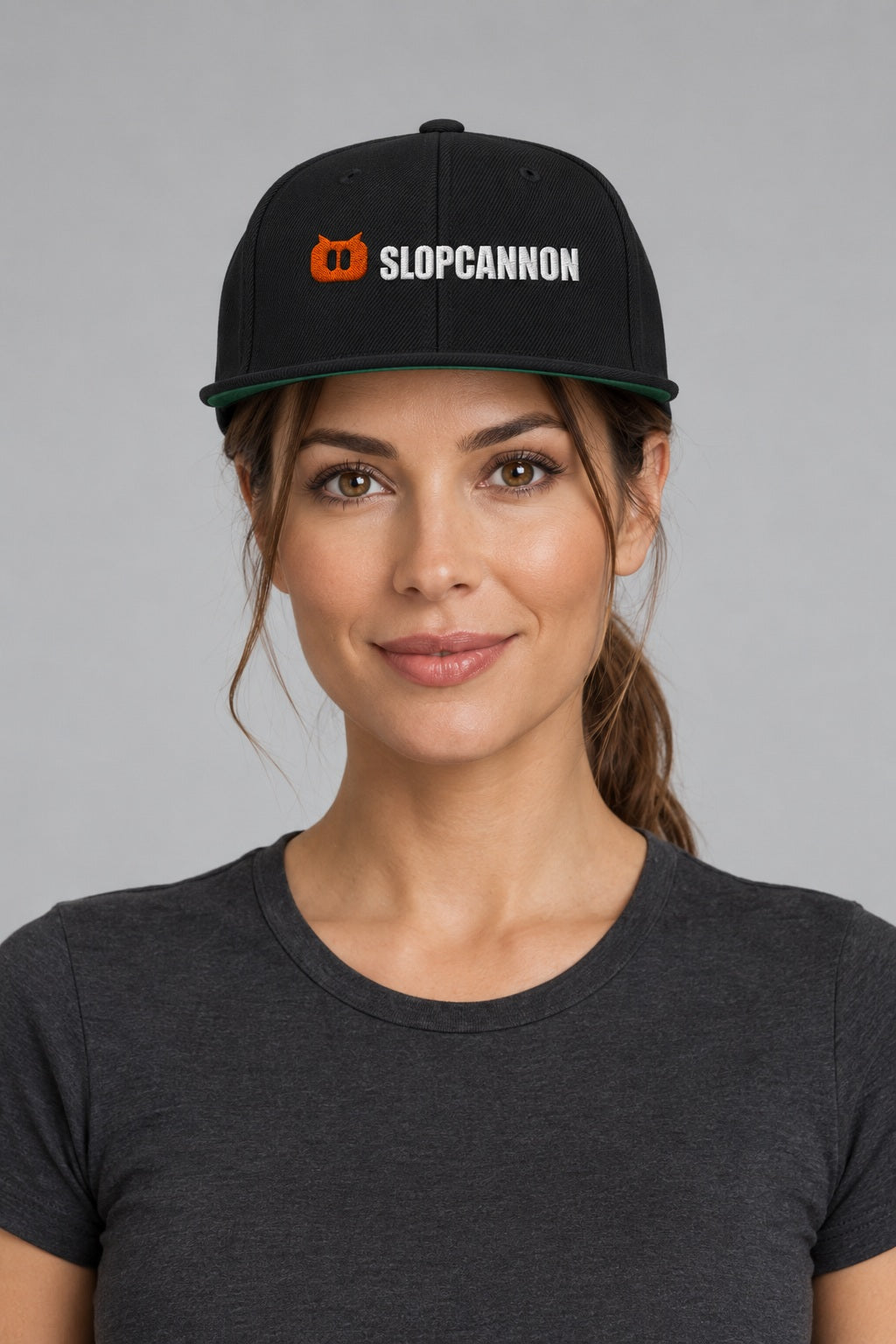 SLOPCANNON Wordmark Flat-Brim Snapback, worn by a model, back view