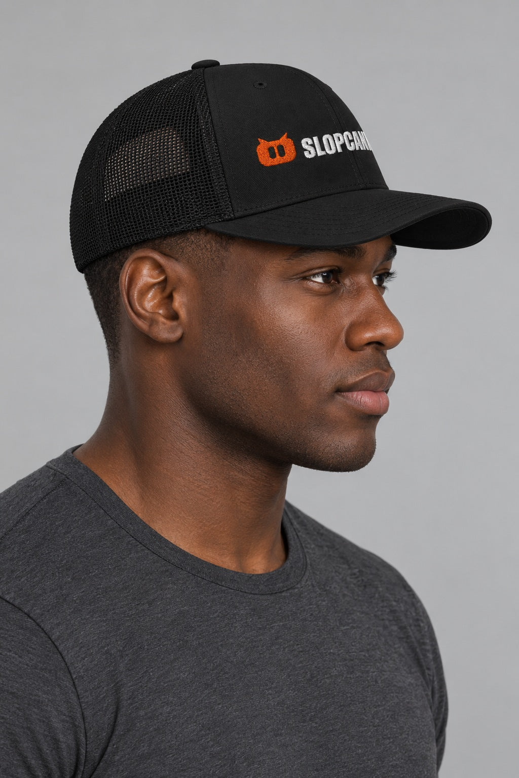 SLOPCANNON Wordmark Mesh Trucker Hat, worn by a model