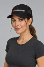 SLOPCANNON Wordmark Mesh Trucker Hat, worn by a model