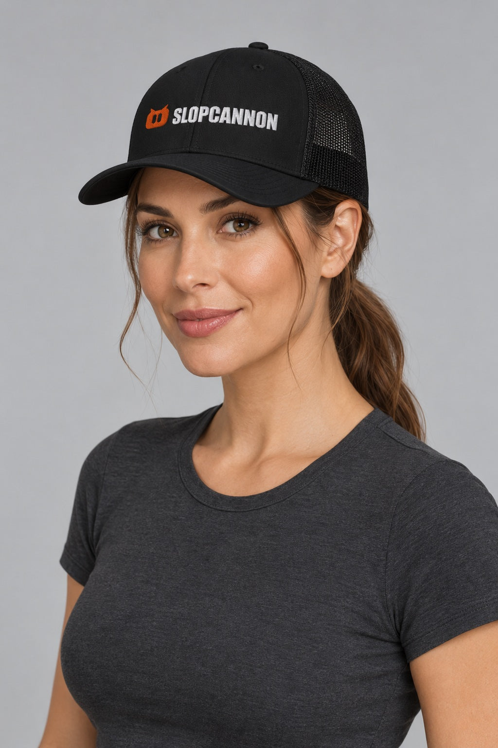 SLOPCANNON Wordmark Mesh Trucker Hat, worn by a model