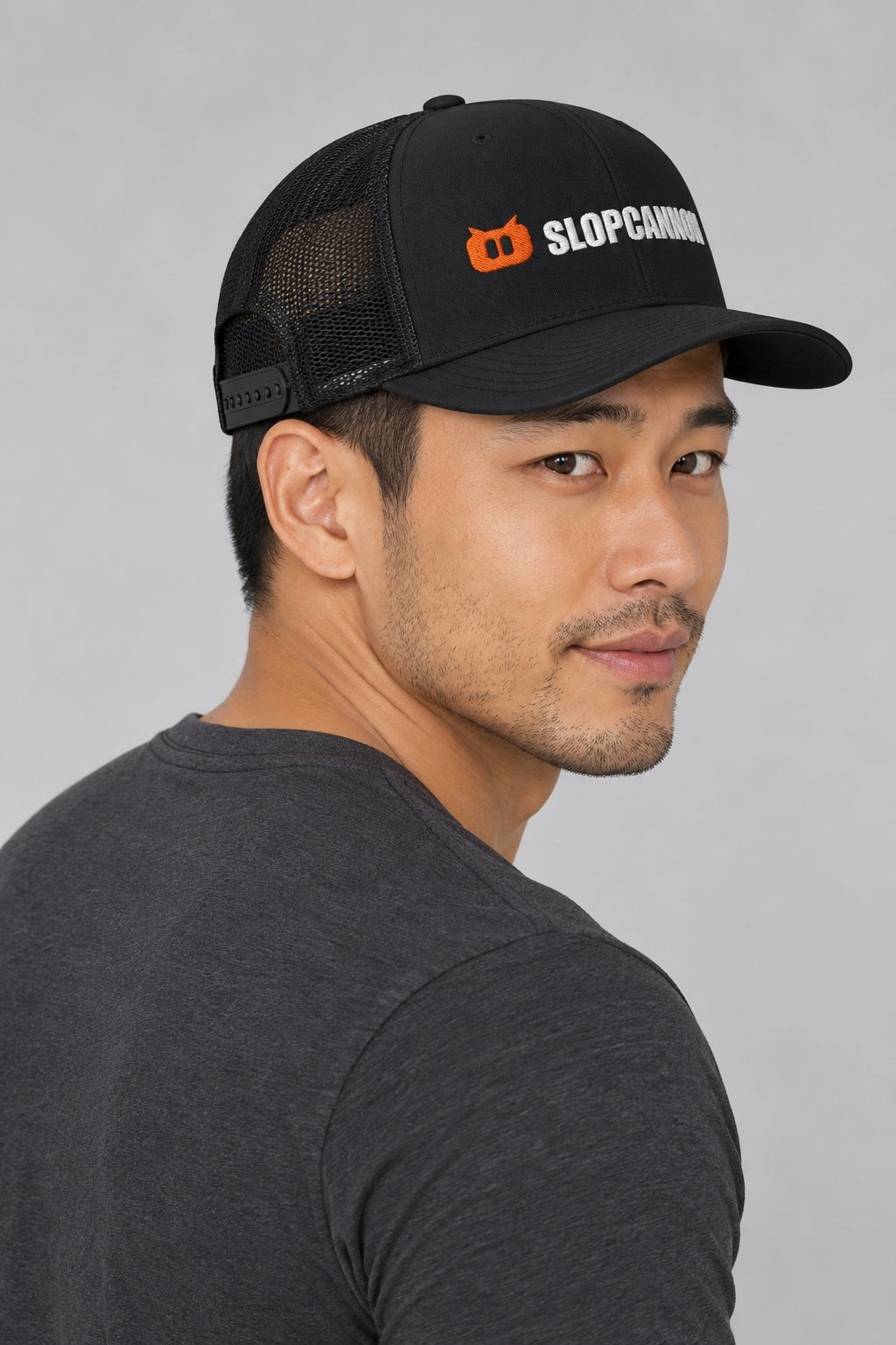 SLOPCANNON Wordmark Mesh Trucker Hat, worn by a model