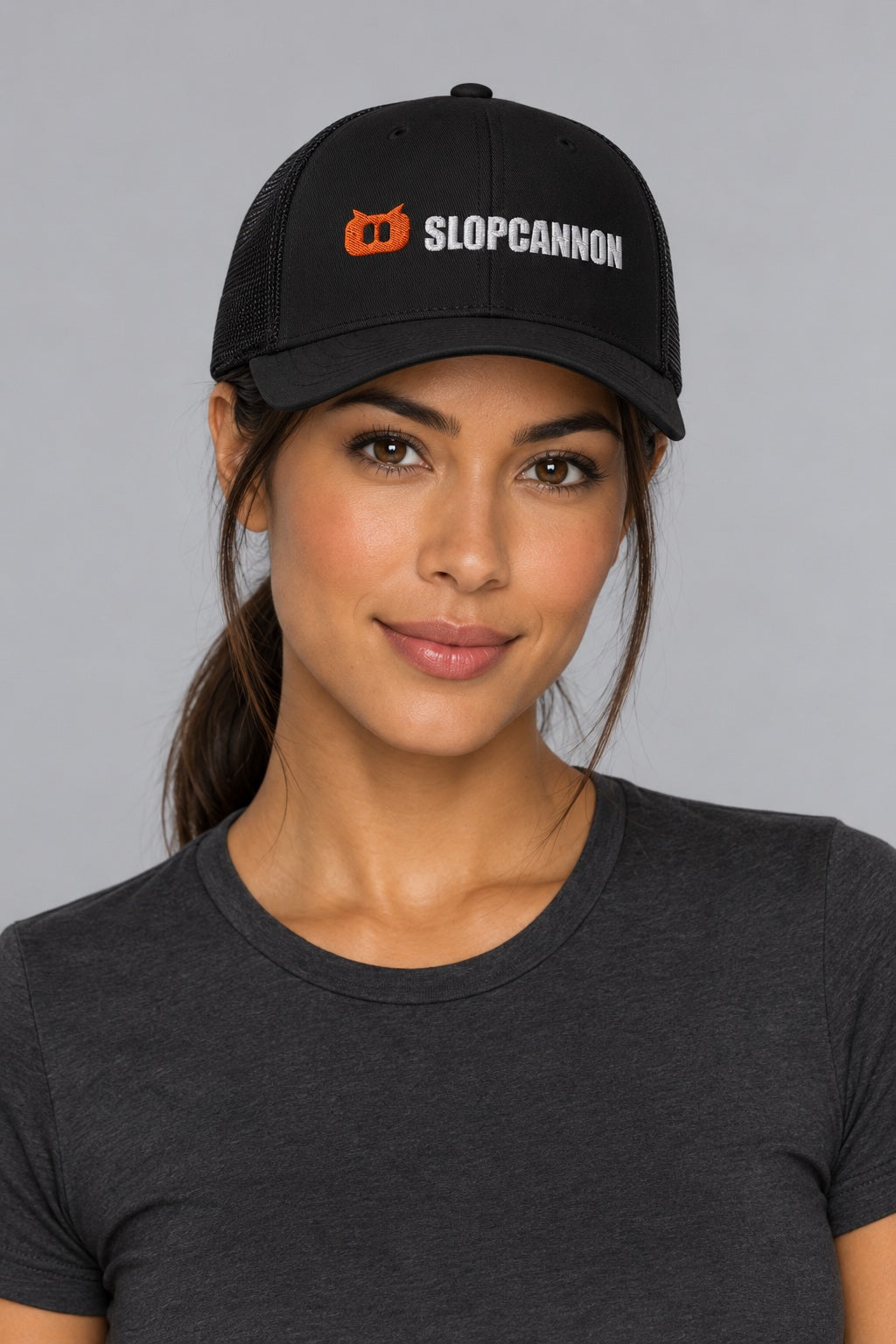 SLOPCANNON Wordmark Mesh Trucker Hat, worn by a model