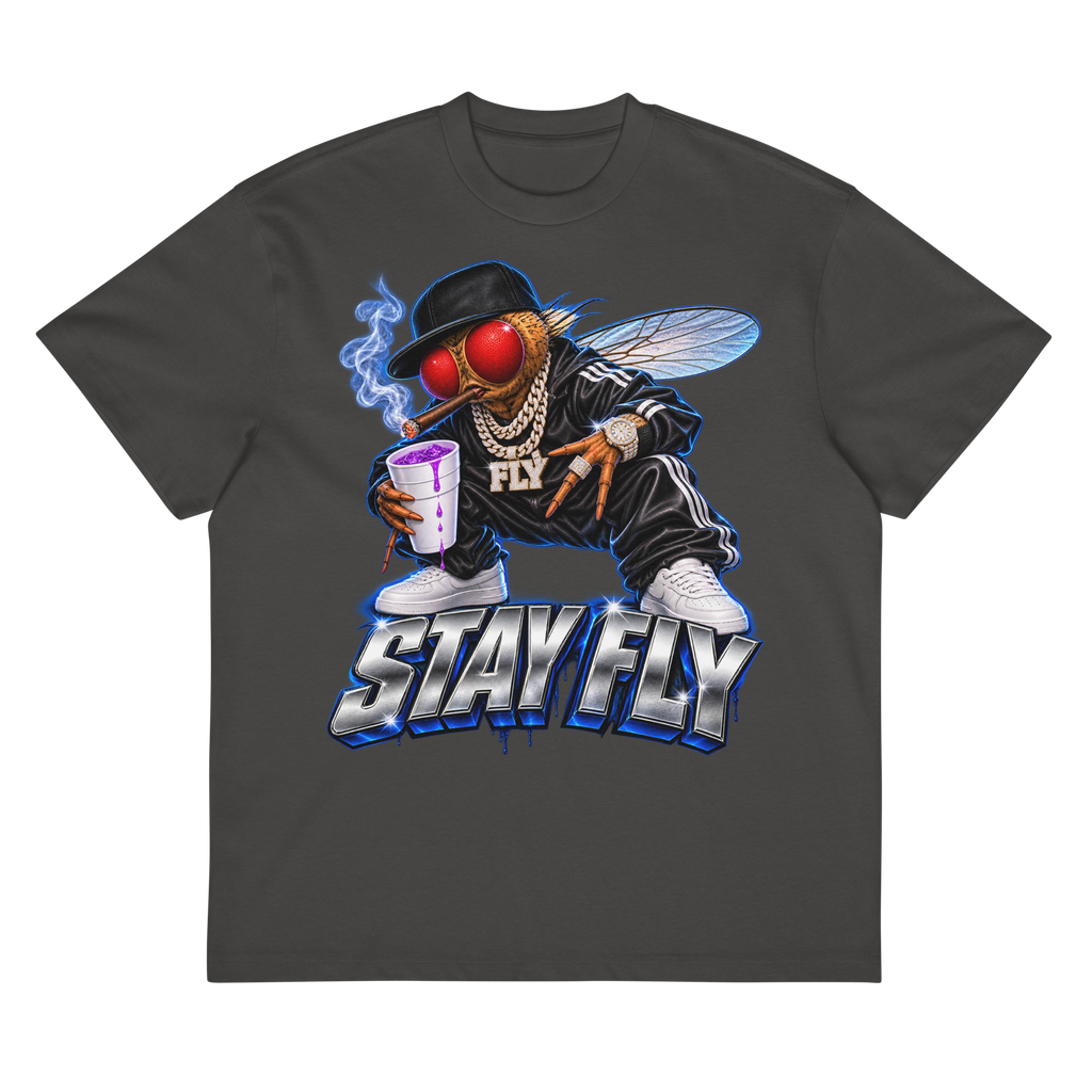 Stay Fly heavyweight box tee in Vintage Black — flat front view