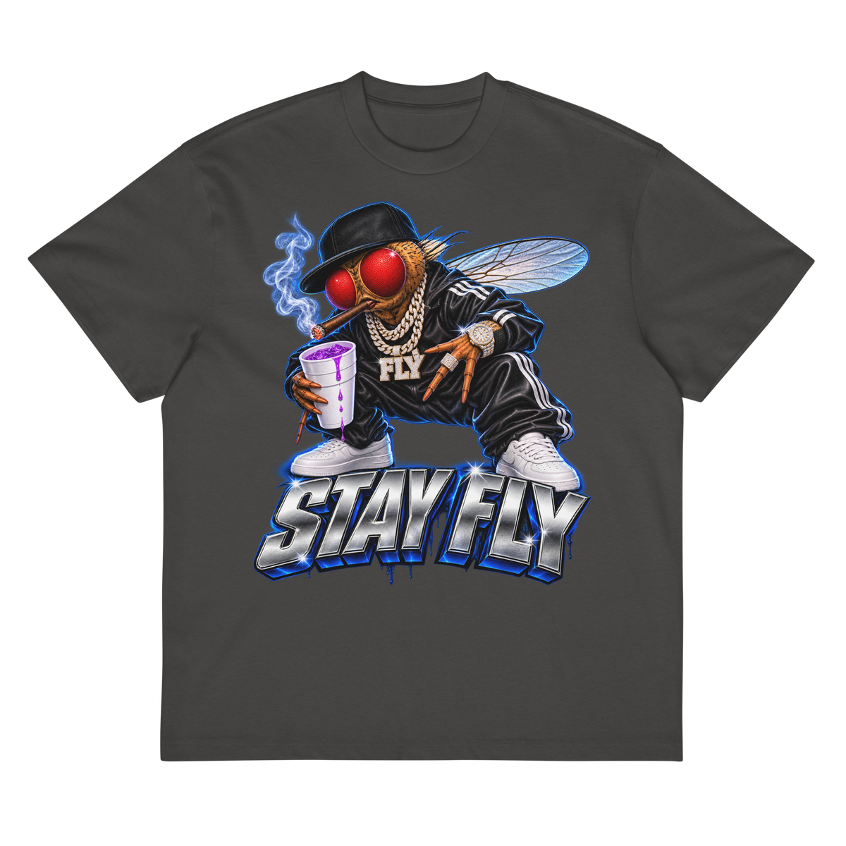 Stay Fly heavyweight box tee in Vintage Black — flat front view