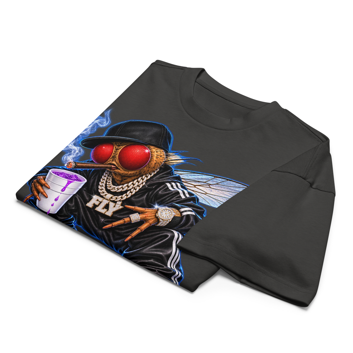 Stay Fly heavyweight box tee in Vintage Black — folded detail view