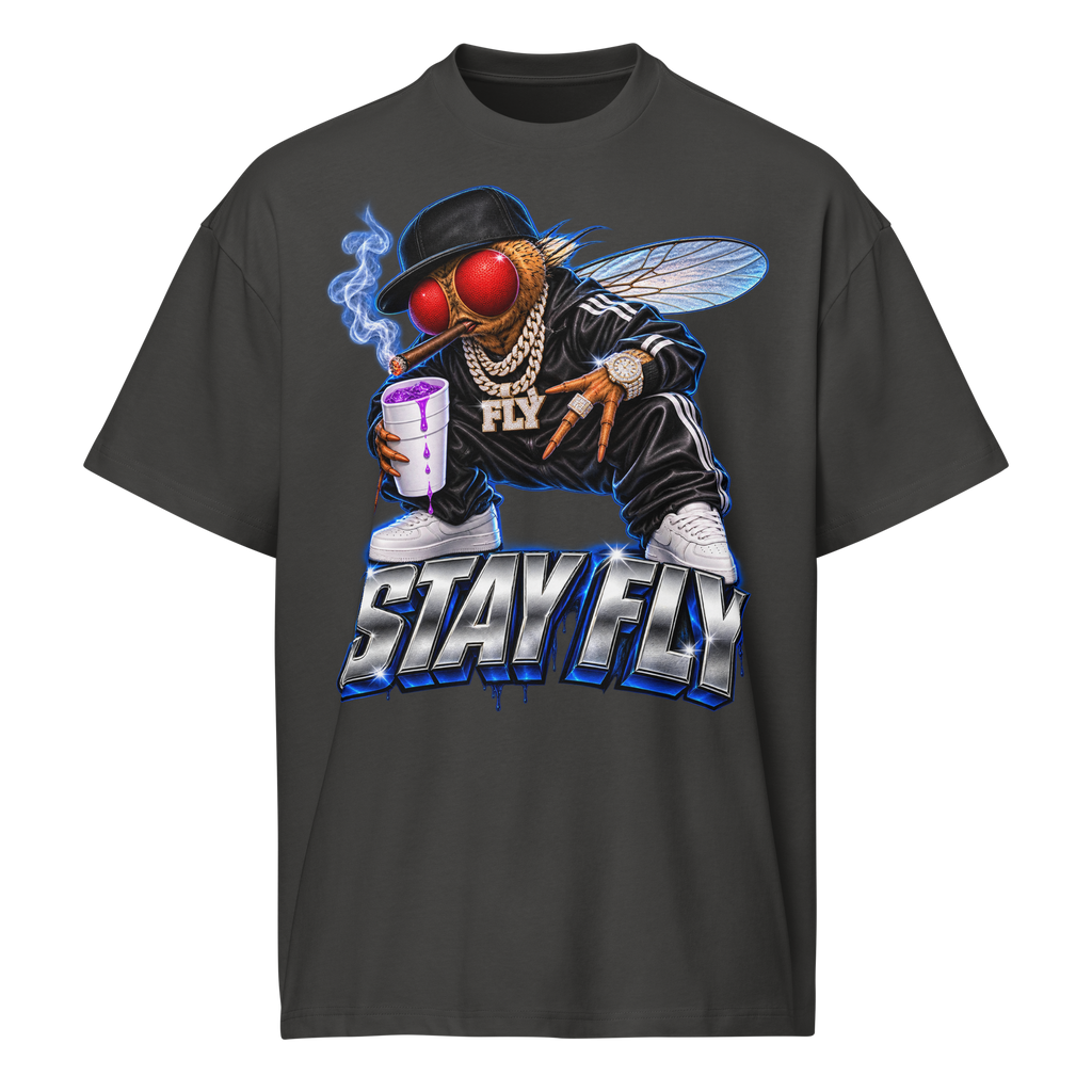 Stay Fly heavyweight box tee in Vintage Black — front view