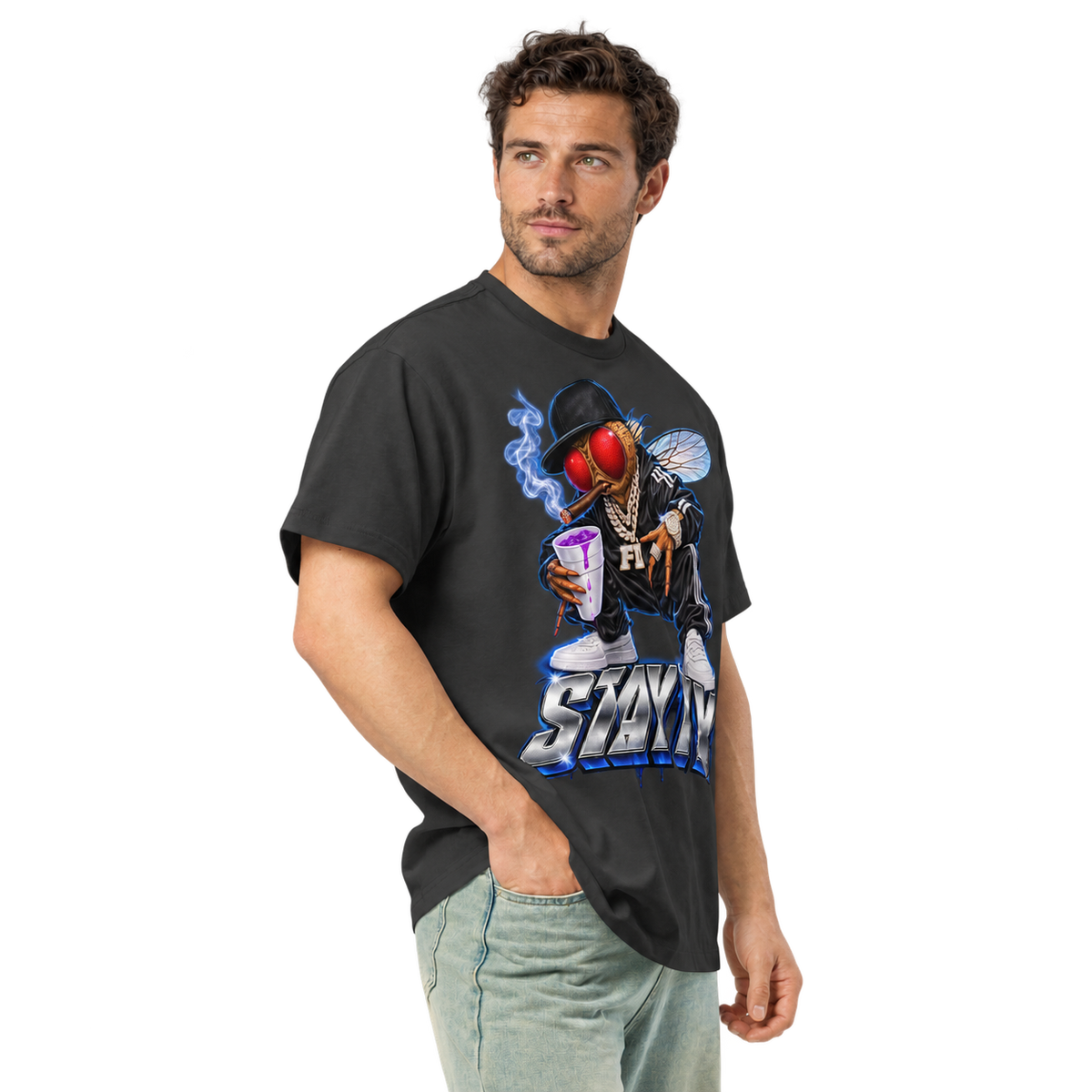 Stay Fly Heavyweight Box Tee — Vintage Black — CW-M02 right-front three-quarter; digital roster model mockup, not a manufactured sample.