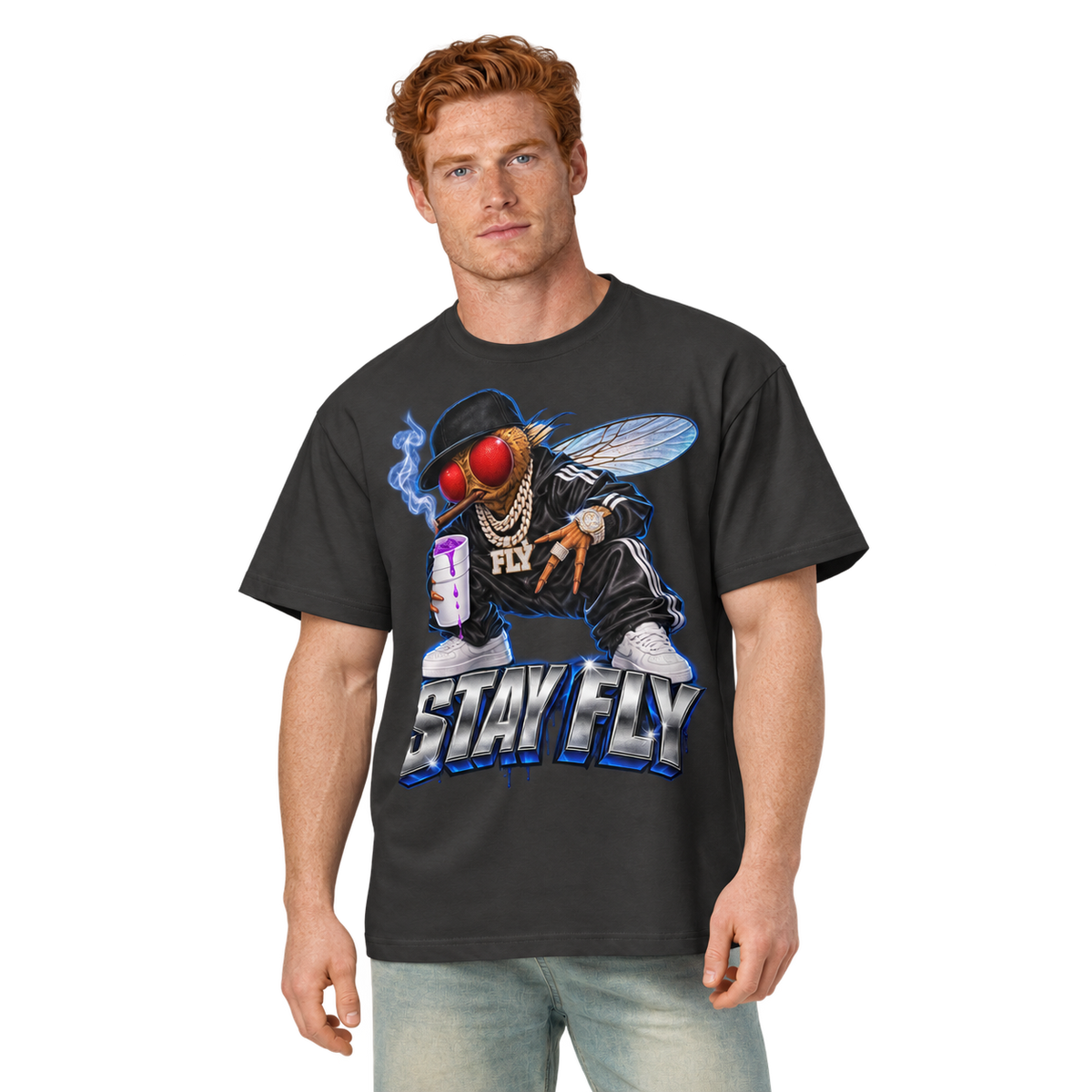 Stay Fly Heavyweight Box Tee — Vintage Black — CW-M03 front; digital roster model mockup, not a manufactured sample.