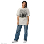 Tall Condensed tee — Cream — adult model front view; exact AS Colour 5082 Faded Bone with configured maximum-size front artwork; supplier digital mockup; tee only, styling jeans and shoes excluded.