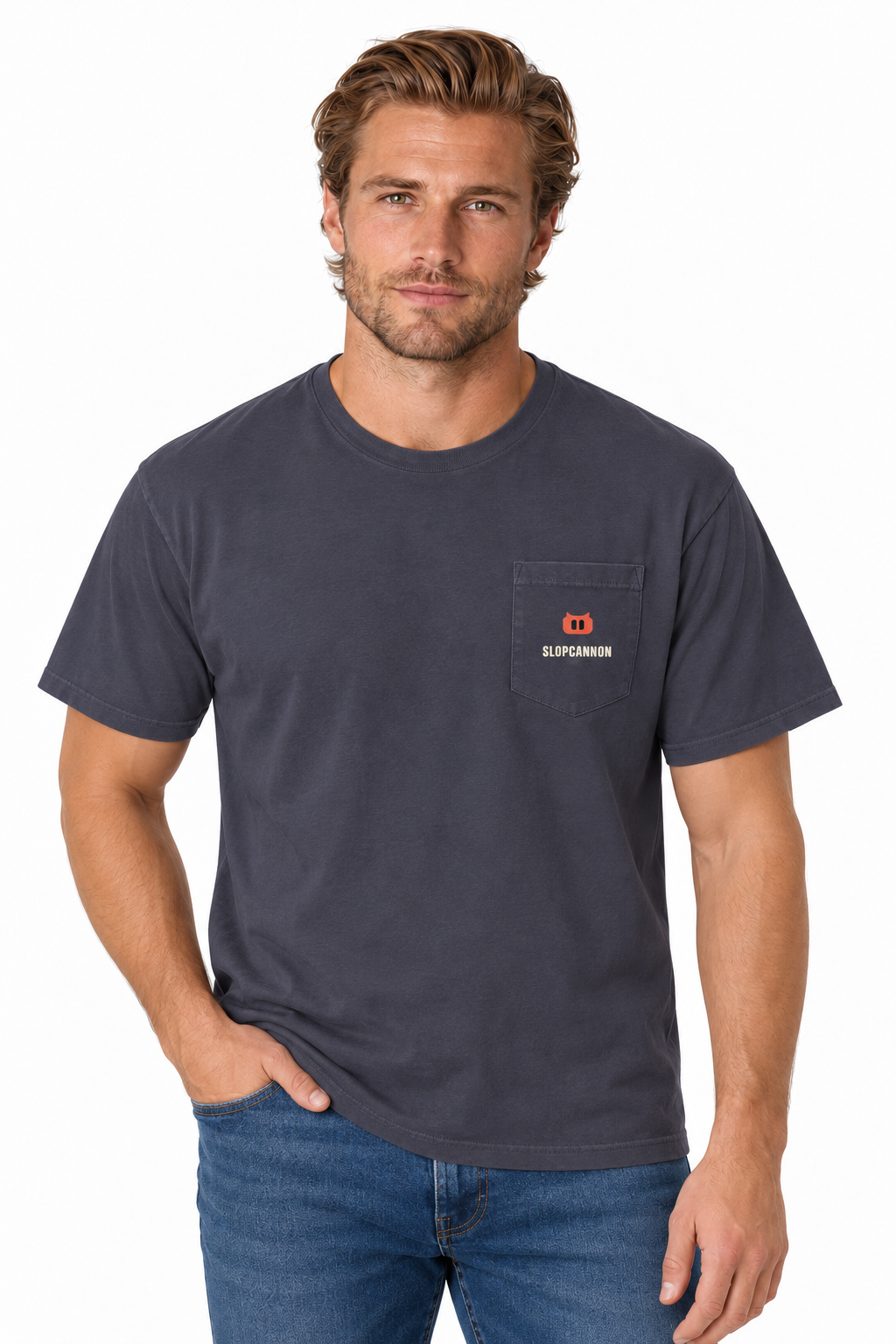 SLOPCANNON Pocket Tee in True Navy, worn by a model