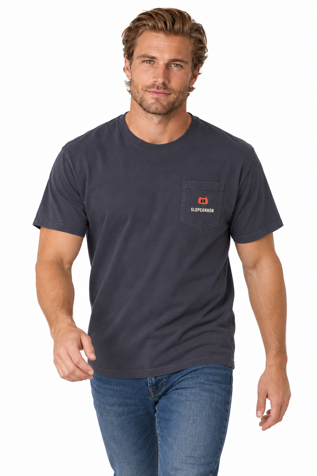 SLOPCANNON Pocket Tee in True Navy, worn by a model