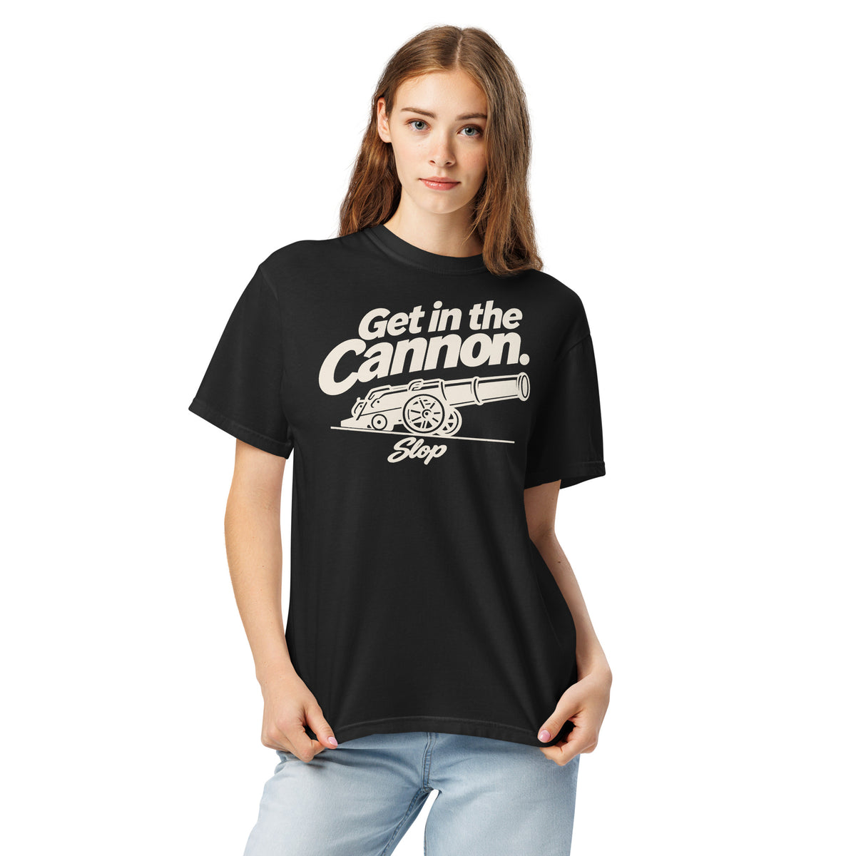 Woman wearing the Get in the Cannon Tee in Black