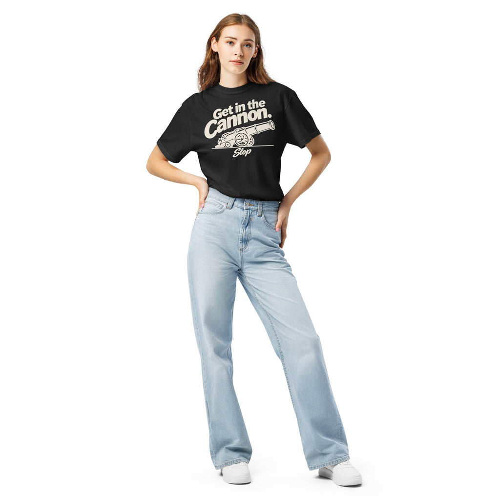 Woman wearing the Get in the Cannon Tee in Black, full length with jeans