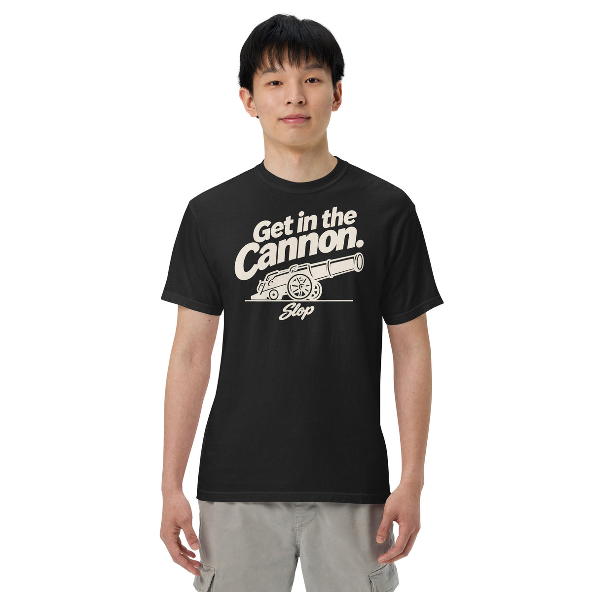 Man wearing the Get in the Cannon Tee in Black