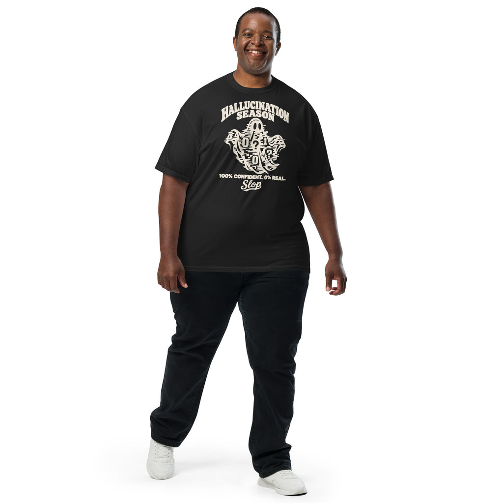 Hallucination Season Tee in Black, worn by a model
